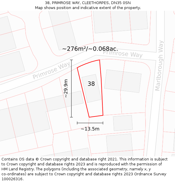 38, PRIMROSE WAY, CLEETHORPES, DN35 0SN: Plot and title map