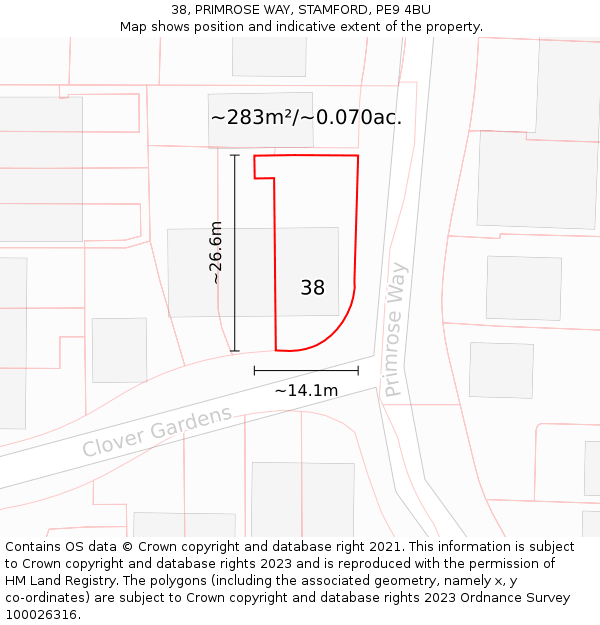 38, PRIMROSE WAY, STAMFORD, PE9 4BU: Plot and title map