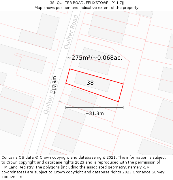 38, QUILTER ROAD, FELIXSTOWE, IP11 7JJ: Plot and title map