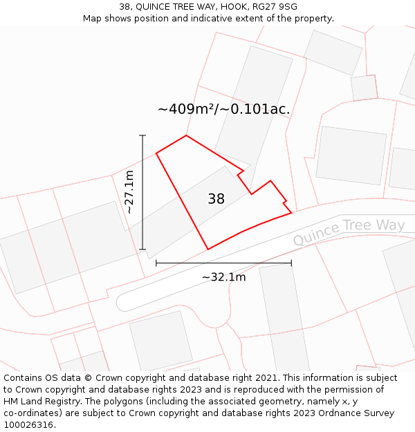 38, QUINCE TREE WAY, HOOK, RG27 9SG: Plot and title map