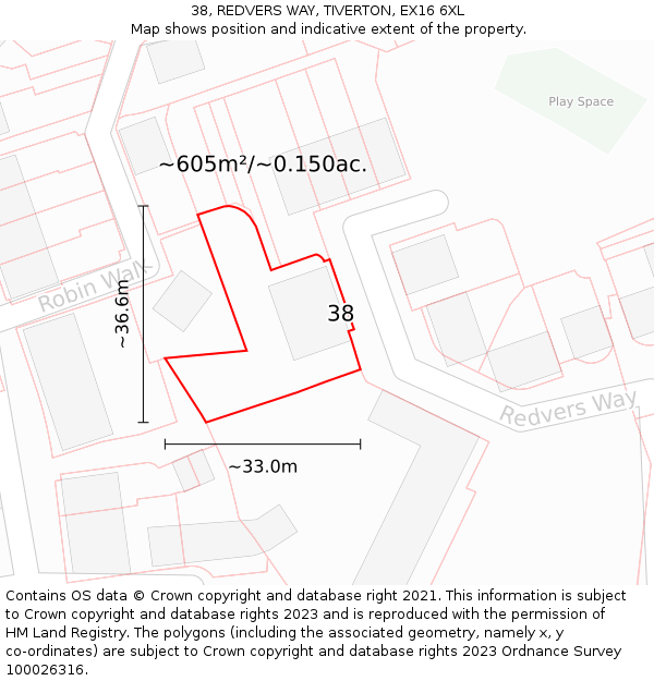 38, REDVERS WAY, TIVERTON, EX16 6XL: Plot and title map