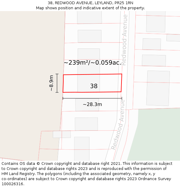 38, REDWOOD AVENUE, LEYLAND, PR25 1RN: Plot and title map