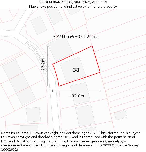 38, REMBRANDT WAY, SPALDING, PE11 3HX: Plot and title map
