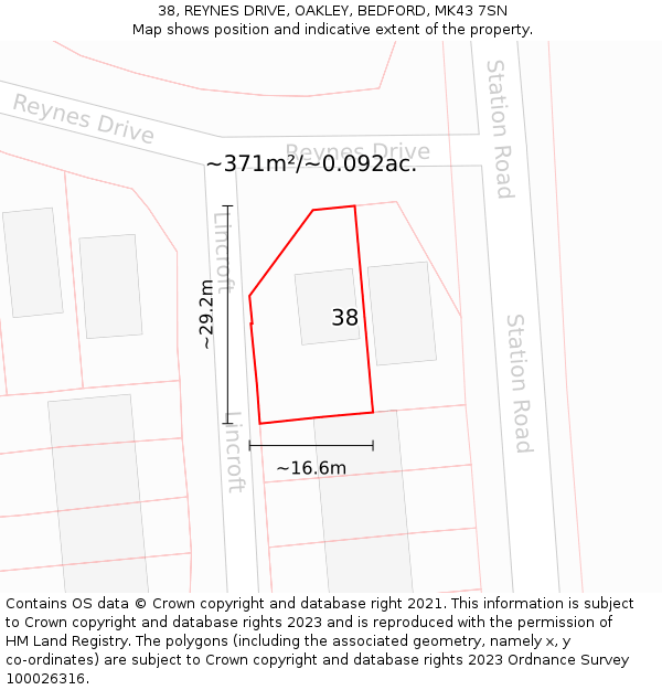 38, REYNES DRIVE, OAKLEY, BEDFORD, MK43 7SN: Plot and title map