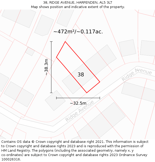 38, RIDGE AVENUE, HARPENDEN, AL5 3LT: Plot and title map