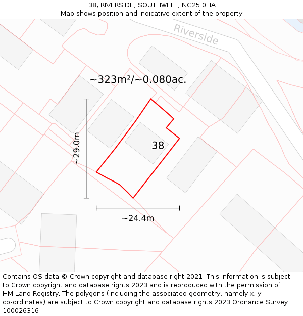 38, RIVERSIDE, SOUTHWELL, NG25 0HA: Plot and title map