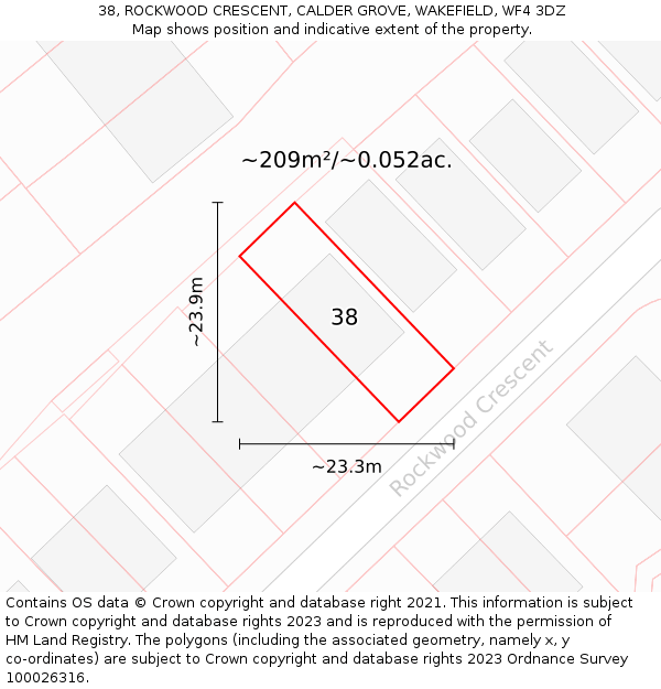 38, ROCKWOOD CRESCENT, CALDER GROVE, WAKEFIELD, WF4 3DZ: Plot and title map