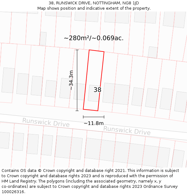 38, RUNSWICK DRIVE, NOTTINGHAM, NG8 1JD: Plot and title map