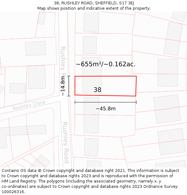 38, RUSHLEY ROAD, SHEFFIELD, S17 3EJ: Plot and title map