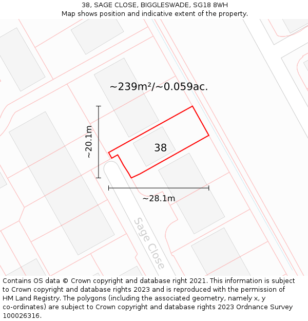 38, SAGE CLOSE, BIGGLESWADE, SG18 8WH: Plot and title map