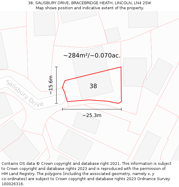 38, SALISBURY DRIVE, BRACEBRIDGE HEATH, LINCOLN, LN4 2SW: Plot and title map