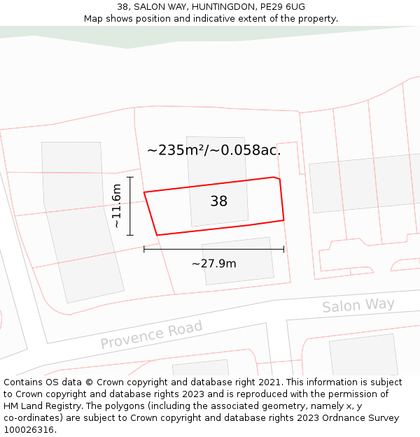 38, SALON WAY, HUNTINGDON, PE29 6UG: Plot and title map