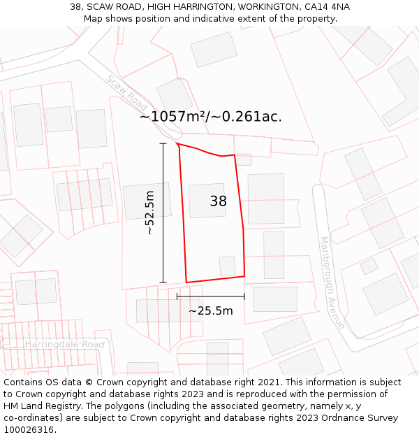 38, SCAW ROAD, HIGH HARRINGTON, WORKINGTON, CA14 4NA: Plot and title map