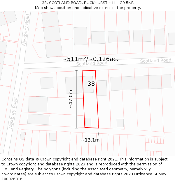 38, SCOTLAND ROAD, BUCKHURST HILL, IG9 5NR: Plot and title map