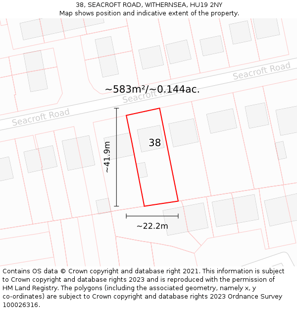 38, SEACROFT ROAD, WITHERNSEA, HU19 2NY: Plot and title map