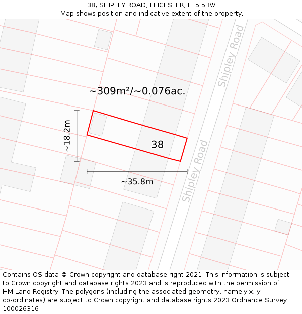 38, SHIPLEY ROAD, LEICESTER, LE5 5BW: Plot and title map