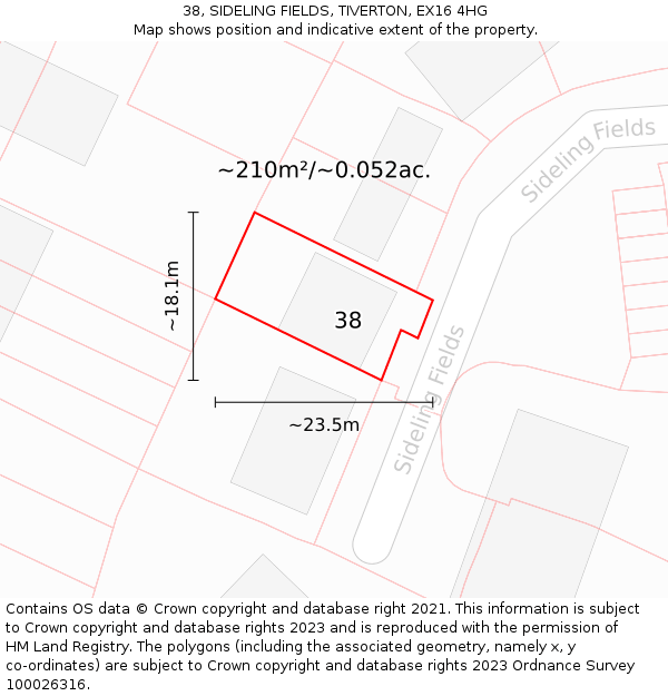 38, SIDELING FIELDS, TIVERTON, EX16 4HG: Plot and title map