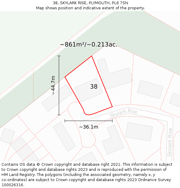 38, SKYLARK RISE, PLYMOUTH, PL6 7SN: Plot and title map