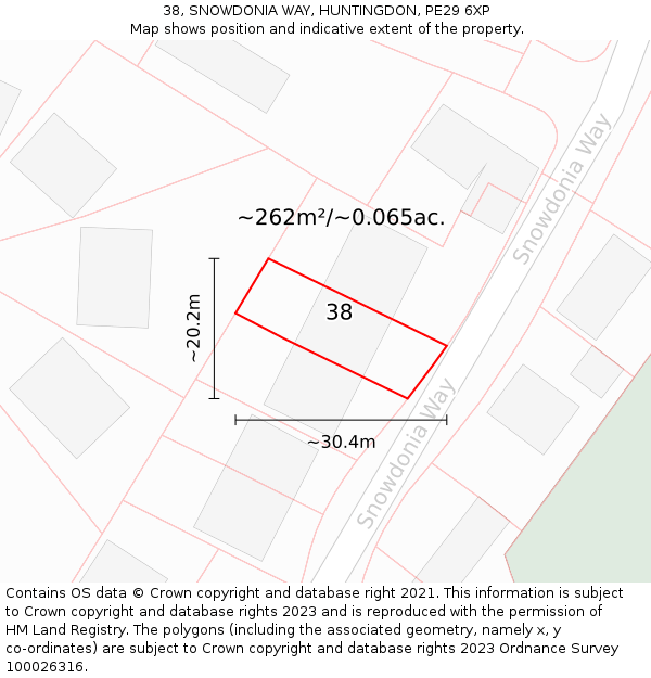 38, SNOWDONIA WAY, HUNTINGDON, PE29 6XP: Plot and title map