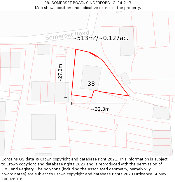 38, SOMERSET ROAD, CINDERFORD, GL14 2HB: Plot and title map