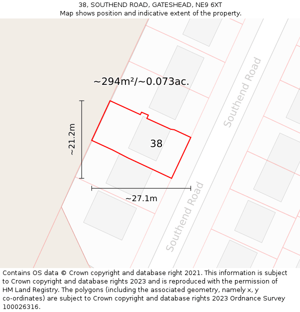 38, SOUTHEND ROAD, GATESHEAD, NE9 6XT: Plot and title map