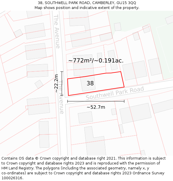 38, SOUTHWELL PARK ROAD, CAMBERLEY, GU15 3QQ: Plot and title map