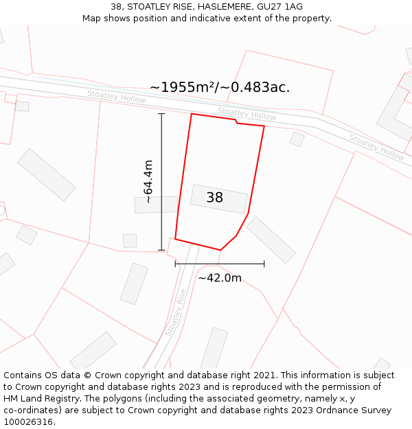 38, STOATLEY RISE, HASLEMERE, GU27 1AG: Plot and title map