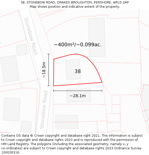 38, STONEBOW ROAD, DRAKES BROUGHTON, PERSHORE, WR10 2AP: Plot and title map