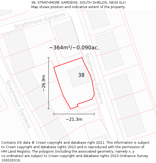 38, STRATHMORE GARDENS, SOUTH SHIELDS, NE34 0LH: Plot and title map