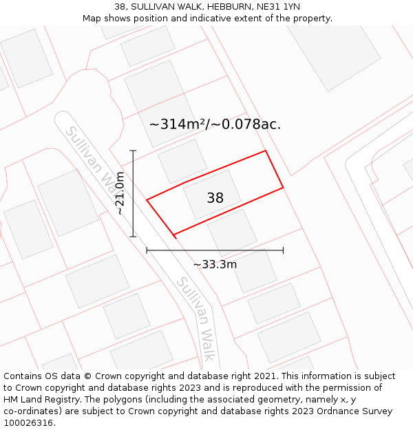 38, SULLIVAN WALK, HEBBURN, NE31 1YN: Plot and title map