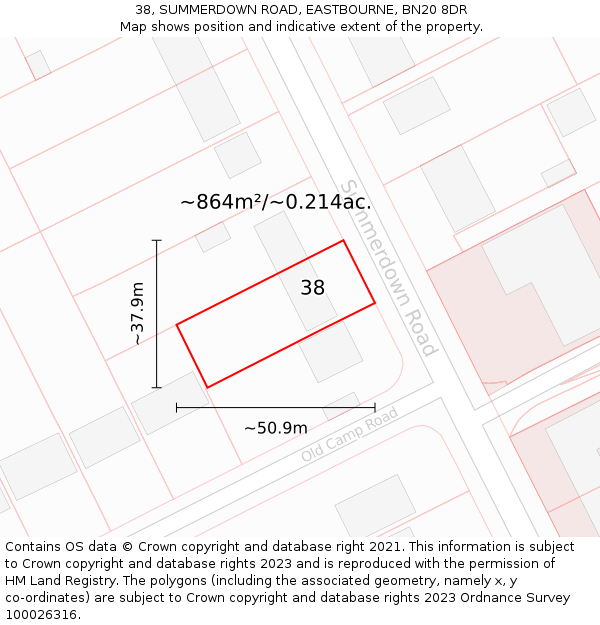 38, SUMMERDOWN ROAD, EASTBOURNE, BN20 8DR: Plot and title map