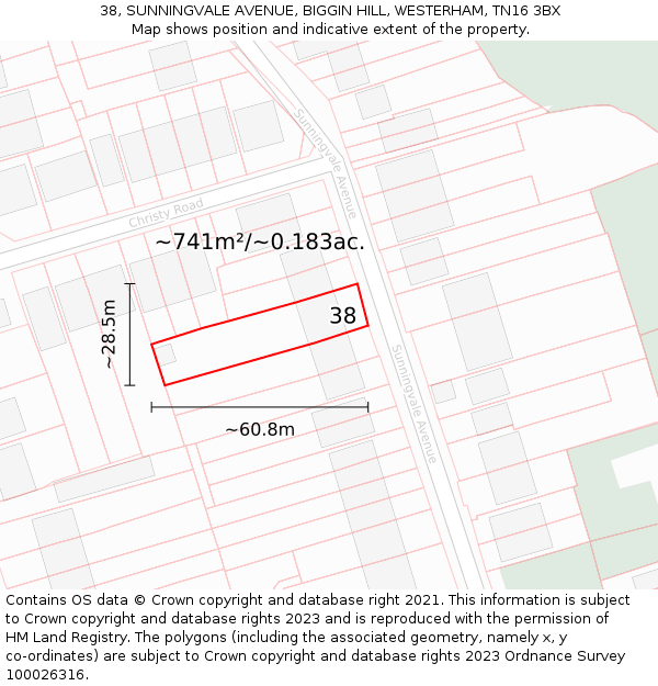 38, SUNNINGVALE AVENUE, BIGGIN HILL, WESTERHAM, TN16 3BX: Plot and title map