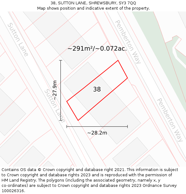 38, SUTTON LANE, SHREWSBURY, SY3 7QQ: Plot and title map