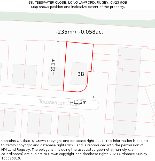 38, TEESWATER CLOSE, LONG LAWFORD, RUGBY, CV23 9GB: Plot and title map