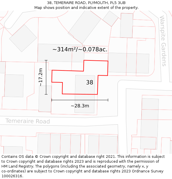 38, TEMERAIRE ROAD, PLYMOUTH, PL5 3UB: Plot and title map