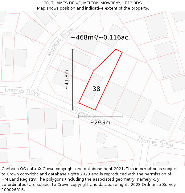 38, THAMES DRIVE, MELTON MOWBRAY, LE13 0DS: Plot and title map