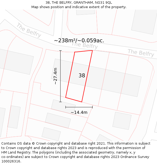 38, THE BELFRY, GRANTHAM, NG31 9QL: Plot and title map