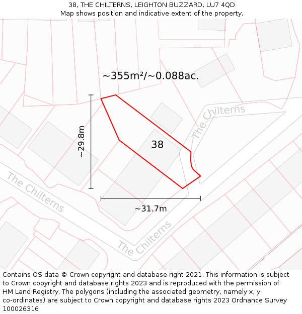 38, THE CHILTERNS, LEIGHTON BUZZARD, LU7 4QD: Plot and title map