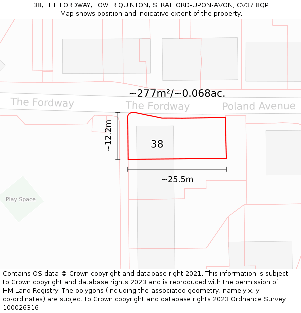 38, THE FORDWAY, LOWER QUINTON, STRATFORD-UPON-AVON, CV37 8QP: Plot and title map