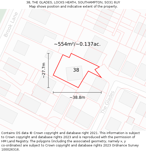 38, THE GLADES, LOCKS HEATH, SOUTHAMPTON, SO31 6UY: Plot and title map