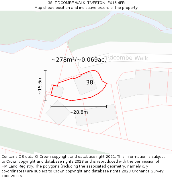 38, TIDCOMBE WALK, TIVERTON, EX16 4FB: Plot and title map