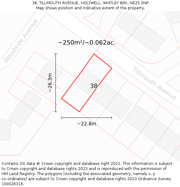 38, TILLMOUTH AVENUE, HOLYWELL, WHITLEY BAY, NE25 0NP: Plot and title map