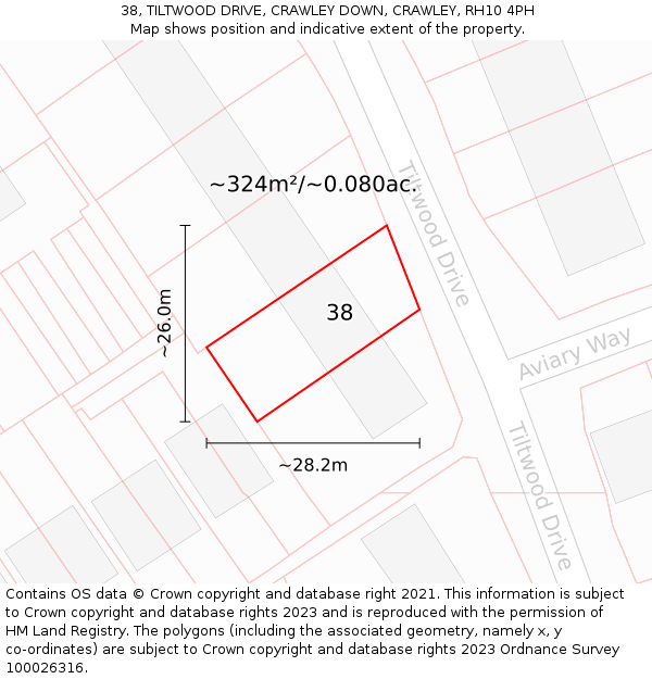 38, TILTWOOD DRIVE, CRAWLEY DOWN, CRAWLEY, RH10 4PH: Plot and title map