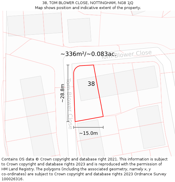 38, TOM BLOWER CLOSE, NOTTINGHAM, NG8 1JQ: Plot and title map