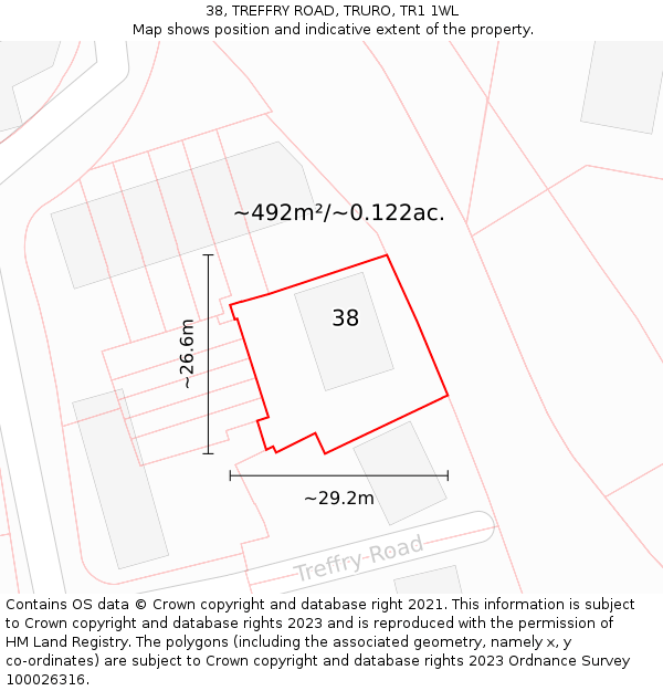 38, TREFFRY ROAD, TRURO, TR1 1WL: Plot and title map