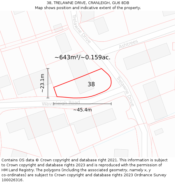 38, TRELAWNE DRIVE, CRANLEIGH, GU6 8DB: Plot and title map