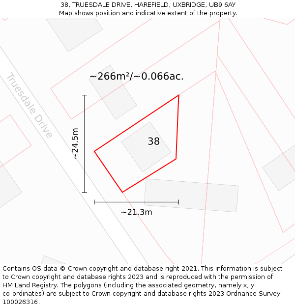 38, TRUESDALE DRIVE, HAREFIELD, UXBRIDGE, UB9 6AY: Plot and title map