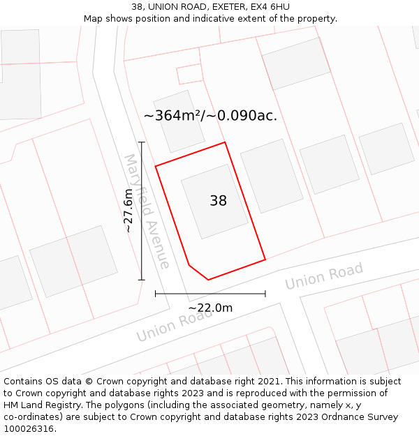 38, UNION ROAD, EXETER, EX4 6HU: Plot and title map