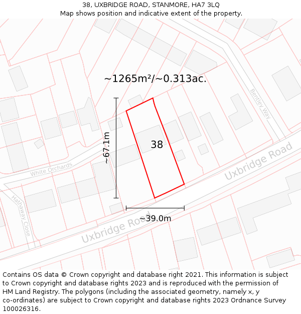 38, UXBRIDGE ROAD, STANMORE, HA7 3LQ: Plot and title map