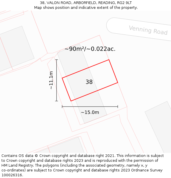 38, VALON ROAD, ARBORFIELD, READING, RG2 9LT: Plot and title map